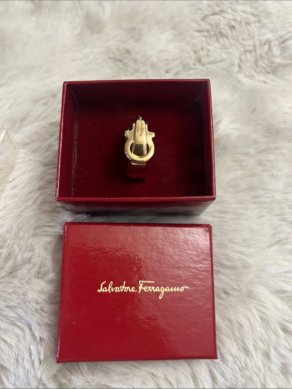 Salvatore Ferragamo Gold-tone Gancini Ring with Red Band with box